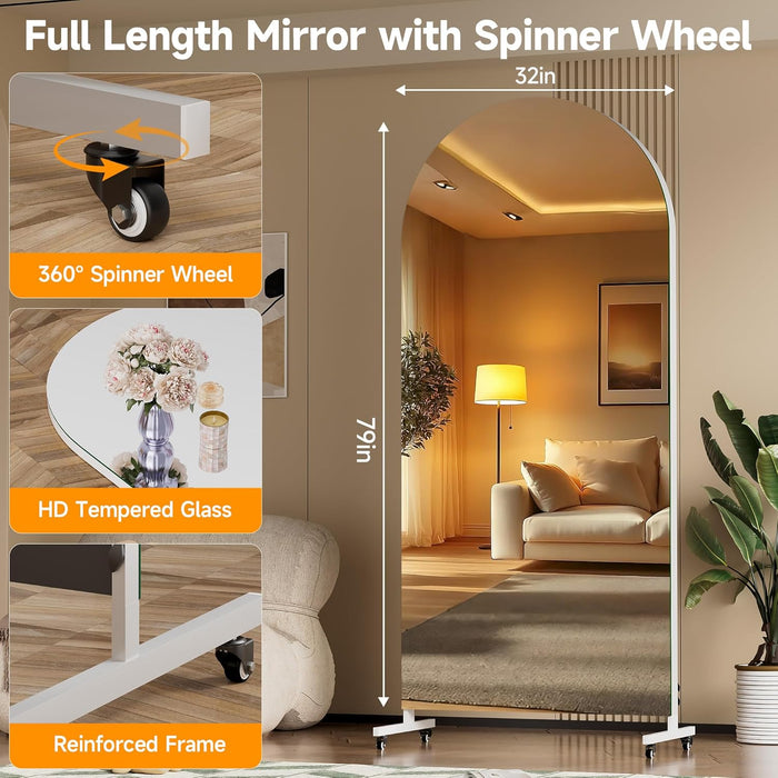 79" X 32" Arched Rolling Home Gym Mirror with Wheels, 360° Swivel Body Mirror with HD Tempered Glass, Large Floor Mirror for Yoga Room, Dance Studio, Bedroom & Home Gym