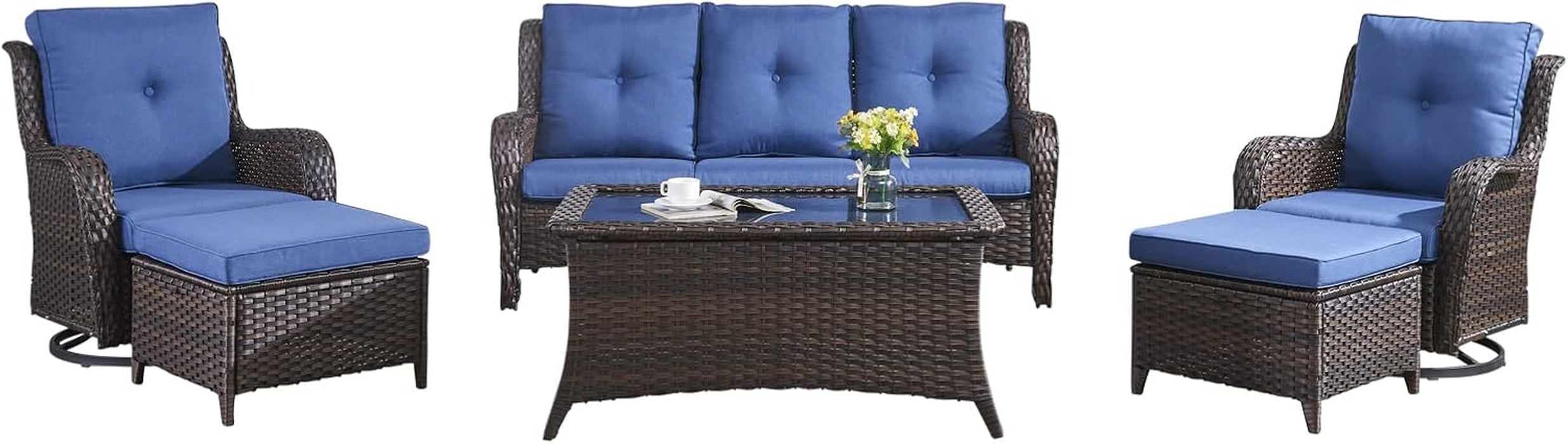 Patio Furniture 6 Pieces Outdoor Furniture Set Wicker Outdoor Sectional Sofa with Swivel Rocking Chairs,Patio Ottomans,Patio Coffee Table