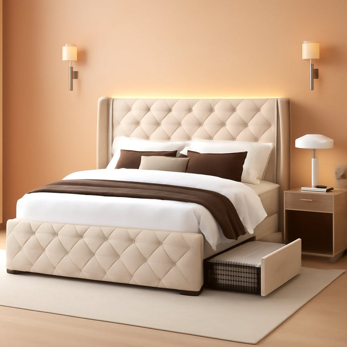 Queen Size Bed Frame with LED Lights and 4 Storage Drawers Linen Upholstered Platform Bed Frame with Tufted Headboard Wingback, No Box Spring Needed, Easy to Assemble, Beige