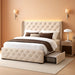 Queen Size Bed Frame with LED Lights and 4 Storage Drawers Linen Upholstered Platform Bed Frame with Tufted Headboard Wingback, No Box Spring Needed, Easy to Assemble, Beige