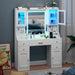 White Vanity Desk with Mirror Lights and Charging Station Large Makeup Table Set with Cabinets and 3 LED Light Modes