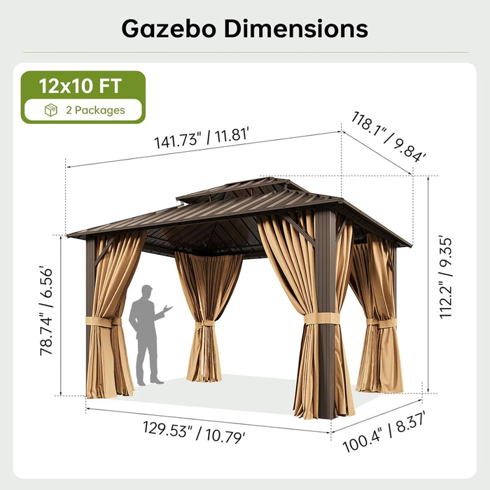 10X12Ft Hardtop Gazebo, Metal Frame with Double Galvanized Steel Roof, Permanent Outdoor Pergola with Curtains and Netting Included for Backyard, Patio, Lawn and Garden, Brown