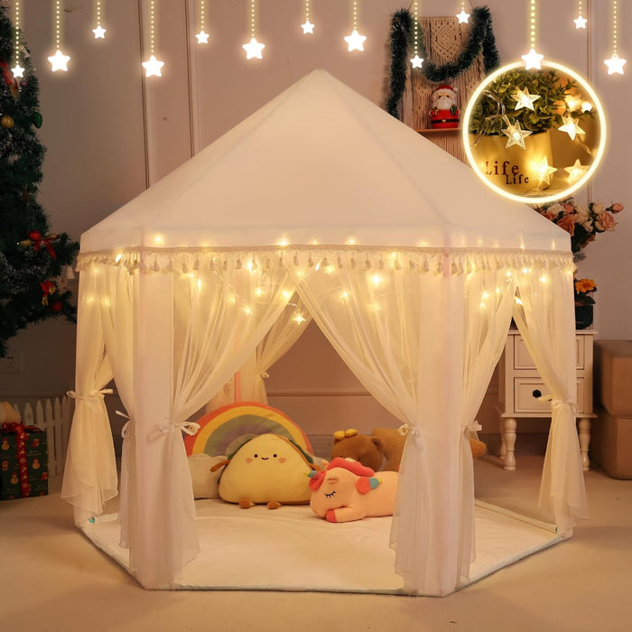 White Princess Tent Girls Tassel Decor Large Playhouse Kids Castle Play Tent with Star Lights Toy for Children Indoor and Outdoor Games, 55'' X 53'' (White Princess Tent with Tassel)