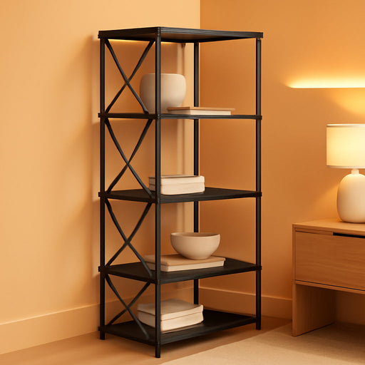 Corner Bookshelf, 5-Tier L-Shaped Bookcase, Industrial Open Display Shelf Tall Storage Organizer, Vertical Storage Rack, for Living Room, Home Office, Black BB60SJ01