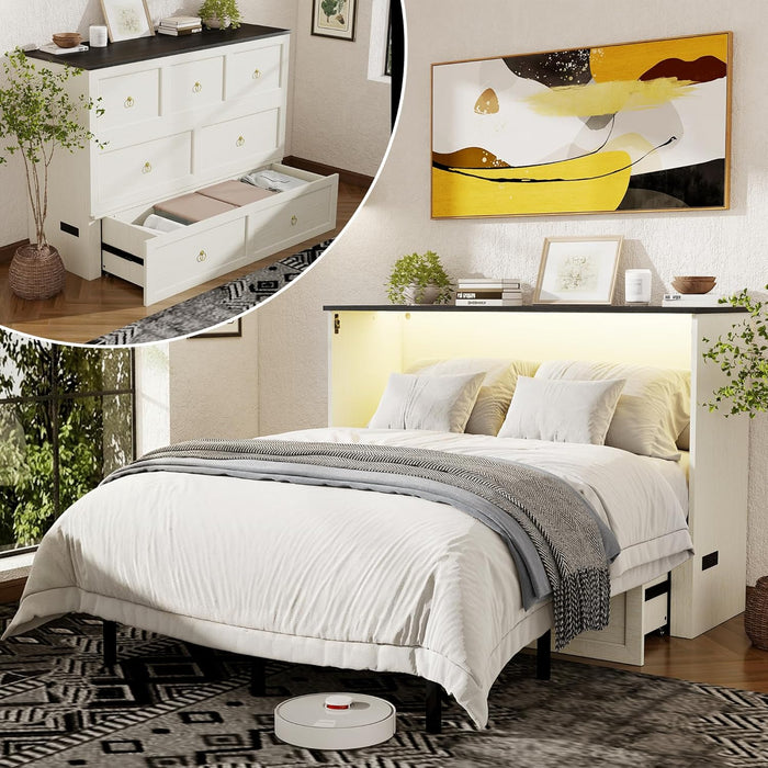 Rustic White Queen Size Murphy CabinetBed USBCharging