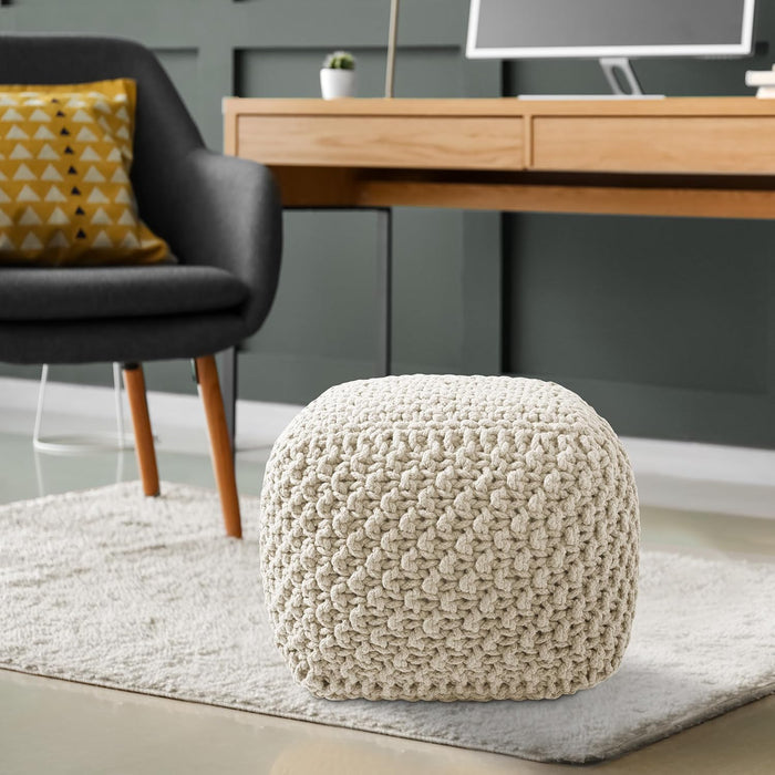Square Pouf Ottoman, Natural - 18.5" W X 18.5" D X 14.5" H Cotton Knit Foot Stool - Boho Floor Pouffe for Living Room, Bedroom, Home Office