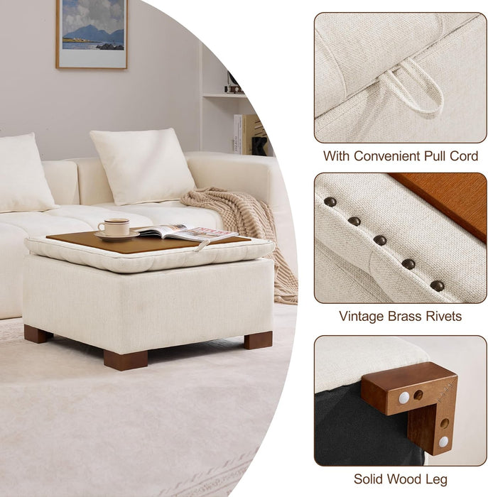 30" Fabric Square Storage Ottoman with Wooden Tray, Modern Tufted Button Footstool Coffee Table, Upholstered Large Ottoman for Living Room, Bedroom, Beige