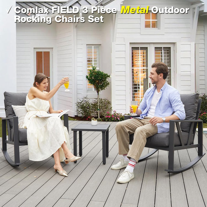 Patio Porch Furniture Set, Patio Outdoor Rocking Chairs Set of 2 with Coffee Table, 3 Piece Metal Outdoor Patio Furniture Set, Small Patio Bistro Conversation Set, Grey
