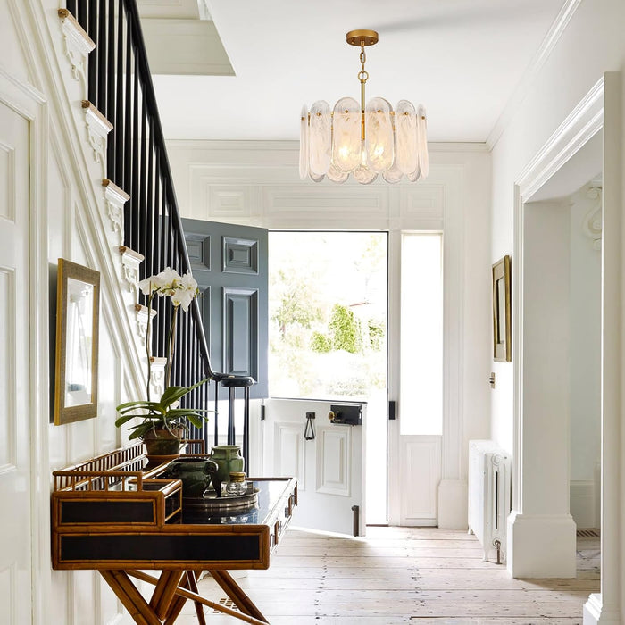 Modern Gold Chandelier, 18.3’’ Luxury Glass Chandelier for Dining Room Clound Glass 3-Light Drum Pendant Light Fixture for Bedroom Kitchen Island Entryway