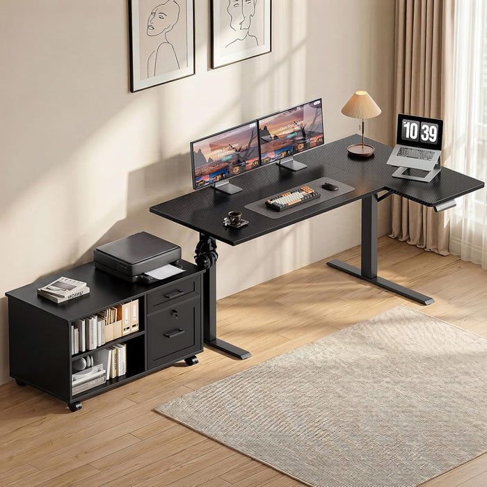 55" L Shaped Standing Desk with Cabinet Sets, Carbon Fiber Black
