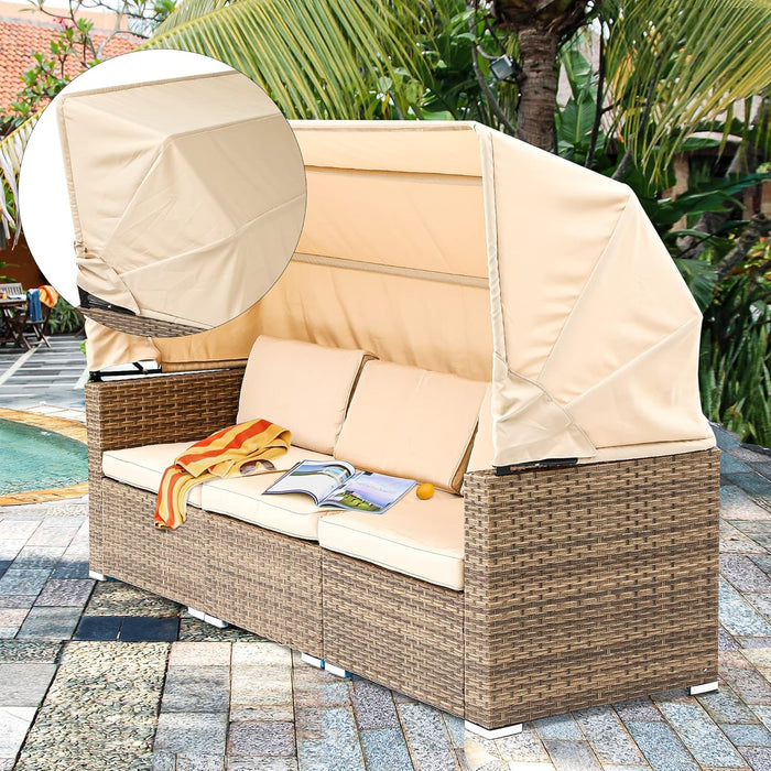 Outdoor Patio Wicker Daybed Furniture Set with Retractable Canopy, Storable Side Table, and Soft Cushions for Relaxing in Your Backyard or Porch, Light Brown and Beige