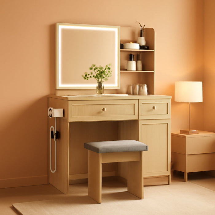 35" Boho Makeup Vanity Desk with LED Lighted Mirror & Power Strip, Wooden Dressing Table Set with Rattan Drawers, Storage Shelves and Cushioned Stool for Bedroom, for Girls Women