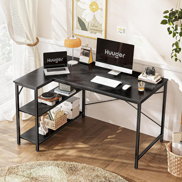 L Shaped Desk, 47 Inches Computer Desk with Reversible Storage Shelves, Gaming Desk, Corner Desk Home Office Desks, Writing Desk Study Desk with Metal Frame, Black