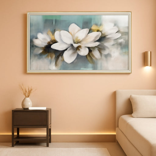 Magnolia Wall Art Framed Canvas Wall Decor Living Room, White Floral Picture Wall Decor Teal Painting Flower Textured Large Artwork for Bedroom Dining Room Home Office 48"X24"