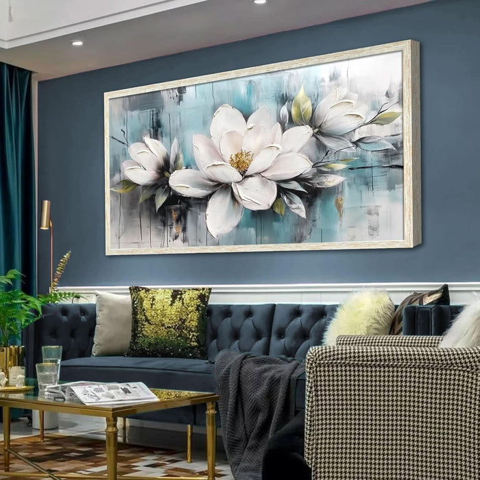 Magnolia Wall Art Framed Canvas Wall Decor Living Room, White Floral Picture Wall Decor Teal Painting Flower Textured Artwork for Bedroom Dining Room Home Office 40"X20"