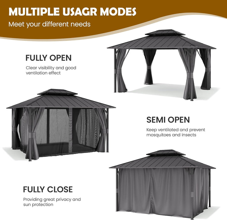 12'X14' Hardtop Gazebo, Permanent Patio Pavilion with Breathable Netting and Privacy Curtain for Dining Party, Grey