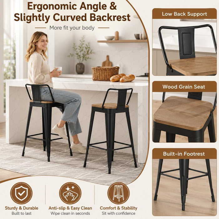 Metal Bar Stools Set of 4 Black Counter Stools with Back 26"