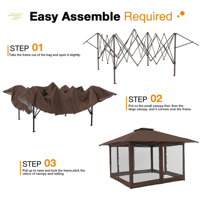 13’X13’Pop up Gazebo, Outdoor Gazebo Tent with W/ Netting Walls, Double Vented Roof Canopy, Brown