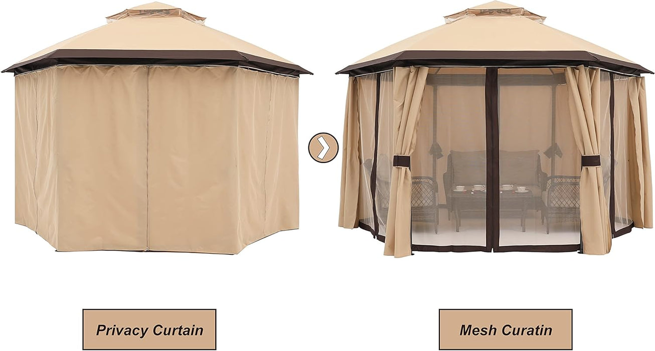 10'X10' Gazebos for Patios Outdoor Hexagonal Gazebo with Netting and Privacy Curtains Beige