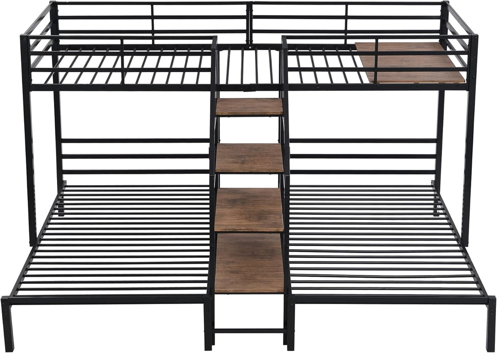 Triple Bunk Bed with Storage Stairs, Twin over Twin & Twin Bunk Bed for 3, Metal Bunk Bed with Shelves for Kids Teens Adults, No Box Spring Needed (Black)
