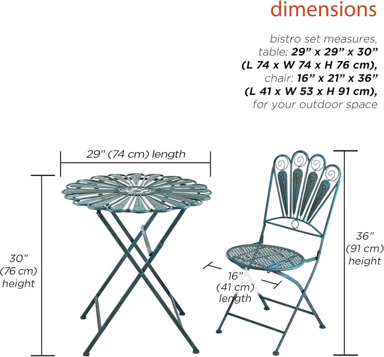 Indoor/Outdoor 3-Piece Peacock Feather Rustic Metal Bistro Set Patio Seating, Light Blue