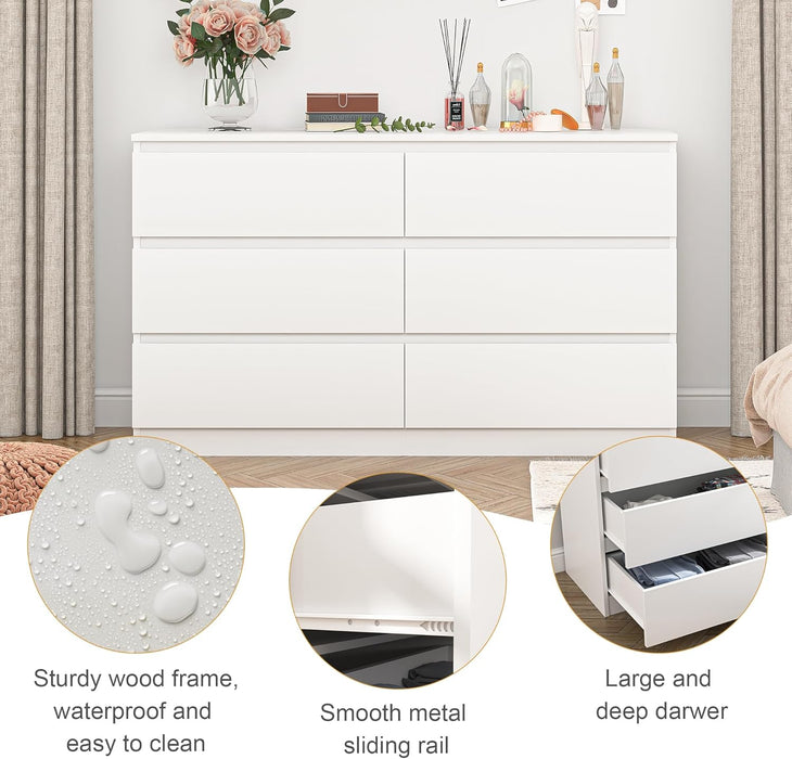 White 6 Drawer Dresser for Bedroom,48'' Modern Dresser with Deep Drawer,Wide Storage Chest of Drawers,Bedroom Storage Organizer Furniture,Tv Stand for Living Room