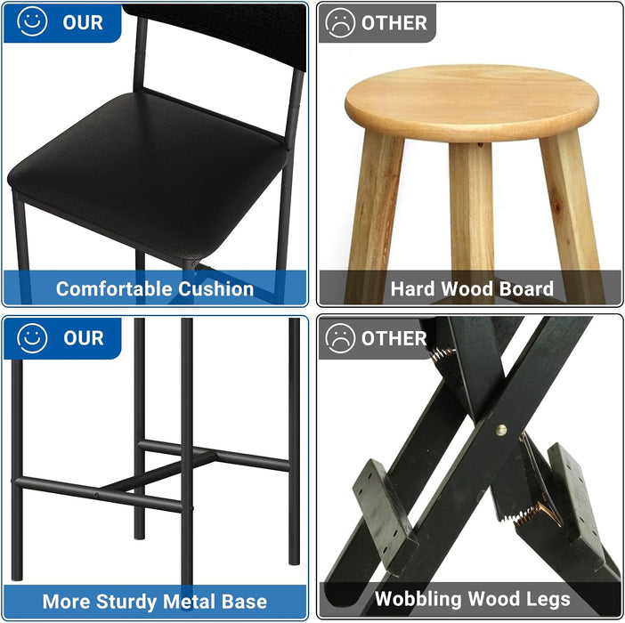 Bar Stools Set of 4, Kitchen Counter Height Chairs, 25.5 Inches Upholstered Black Barstools with Back, Bar Height Chairs for Counter Bar, Island, Easy Assembly