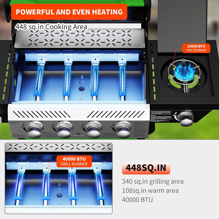 4-Burner Propane Gas BBQ Grill with Side Burner, 50,000 BTU Output Barbecue Grill with Stainless Steel Grates and Side Tables for Outdoor Cooking Kitchen, Patio and Backyard, Green