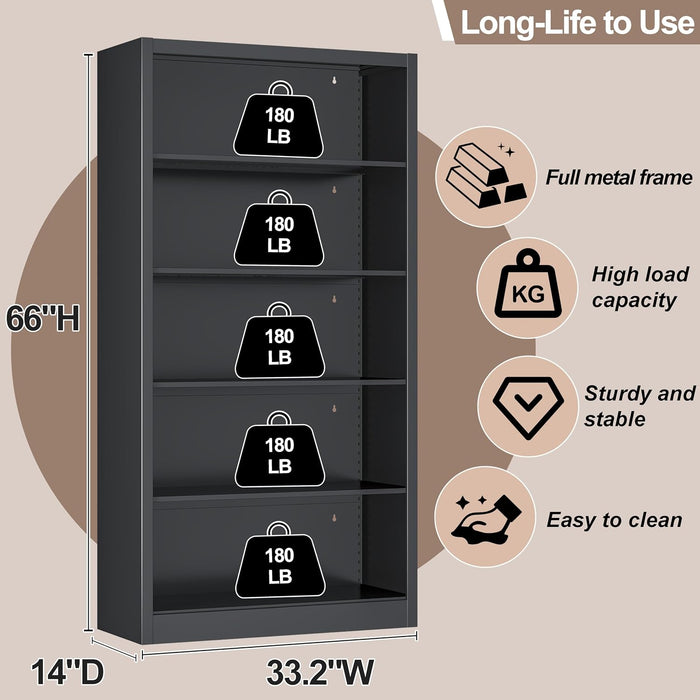 Metal Bookcase and Bookshelf, 66 in Tall Black Bookshelf with 4 Adjustable Storage Shelves, Large Deep Bookcase for Home, Library, Office, Bedroom, School