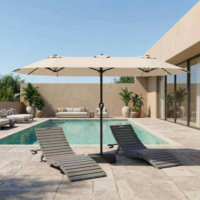 15FT Patio Umbrella with Solar Lights, Double-Sided Extra Large Outdoor Table Umbrella with Base Included, Heavy-Duty 12 Iron Ribs Market Umbrella for Garden, Pool, Backyard, Beige