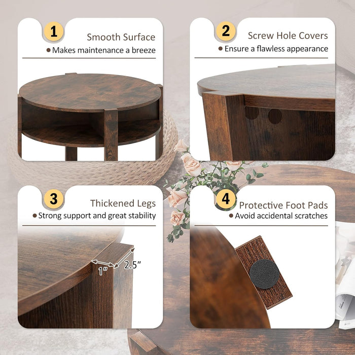 round Coffee Table, 29.5” 2-Tier Circle Cocktail Center Table with Storage Shelves, for Small Spaces, Living Room (Rustic Brown)