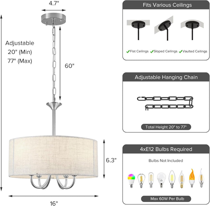 Brushed Nickel Drum Chandelier 16-Inch Linen Shade
