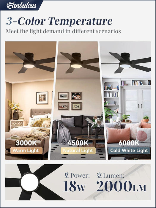 42 Inch Ceiling Fans with Lights and Remote,Outdoor Indoor Modern Flush Mount Ceiling Fan with 3CCT 6-Speed Quiet DC Motor,Black Small Low Profile Ceiling Fan for Bedroom Living Room Office