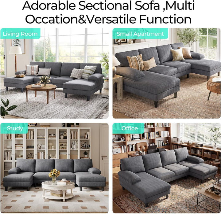 Sectional Couch, 111'' W Corduroy U Shaped Sofa with Sleepable Armrests, 4 Seat Couch with Double Chaises, Deep Sofa for Living Room, Grey