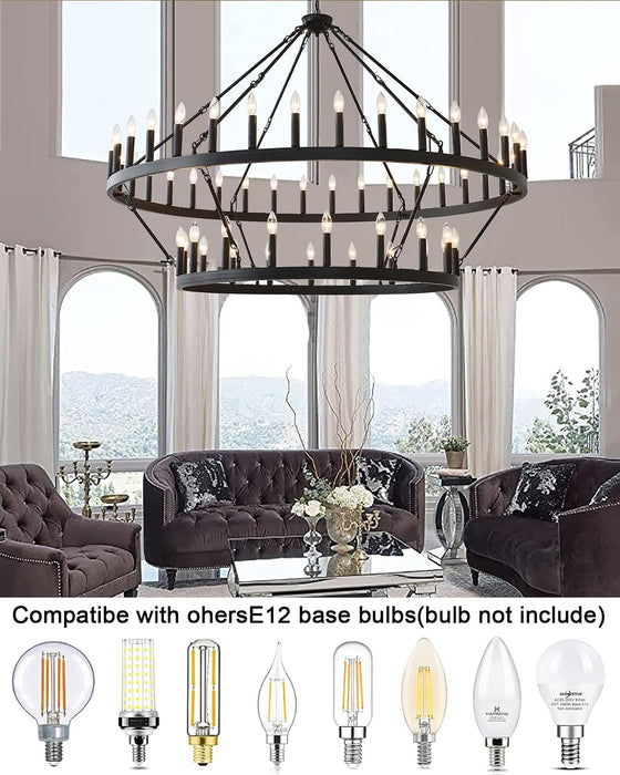 60 Inch Large Black Wagon Wheel Chandelier,2 Tier 54-Lights Farmhouse Industrial Country Style round Pendant Light Fixture for Outdoor Porch High Ceilings Living Dining Room Foyer Entryway
