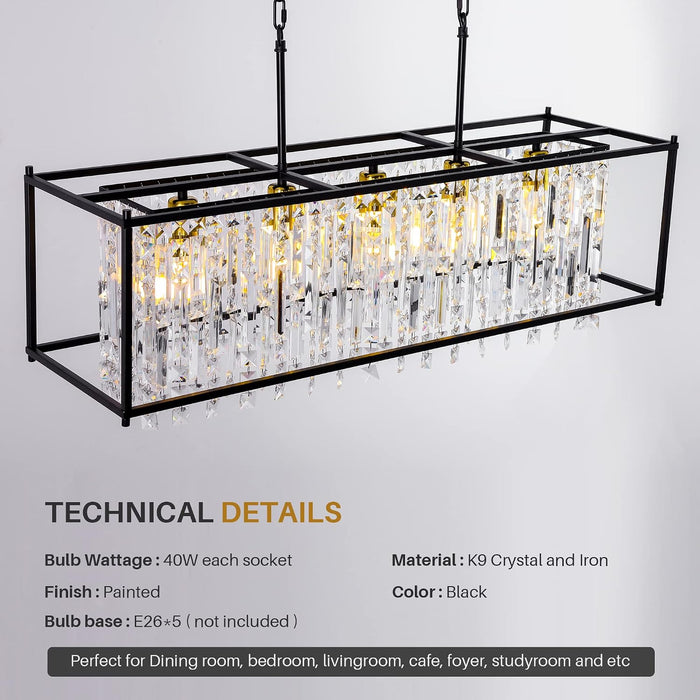 35.4 Inch Black Crystal Pendant Chandelier Dimmable