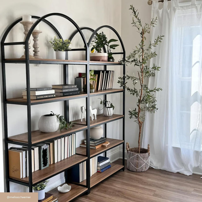 Nathan James Haven Etagere Bookshelf, 5-Shelf Bookcase in Oak Wood and Black Metal Frame with Arch Top and Open Shelves, Oak/Black, Set of 2