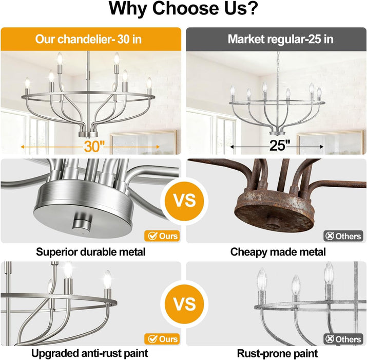 30" Brushed Nickel Chandelier, 9-Light Modern Chandelier for Dining Room Lighting Fixtures Hanging, Pendant Lights for Kitchen Island, Living Room, Bedroom Height Adjustable (Bulbs Not Included)