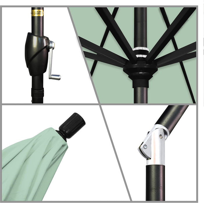 9' round Aluminum Market Umbrella, Crank Lift, Push Button Tilt, Black Pole, Sunbrella Spa