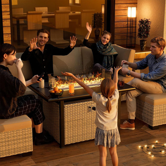 10Pcs Patio Rocking Swivel Chair with 55,000 BTU Fire Pit Table Outdoor Wicker Rattan Bistro Set with Tempered Glass Side Table, Outdoor Patio Furniture Set for Garden and Balcony, Grey