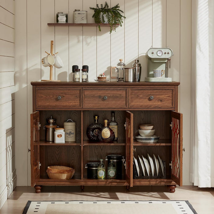Farmhouse Sideboard Buffet Cabinet with Storage,48" Large Credenza with 3 Glass Doors & 3 Drawers,Adjustable Shelves Console Table,Wood Kitchen Coffee Bar for Dining Room,Living Room,Brown