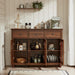 Farmhouse Sideboard Buffet Cabinet with Storage,48" Large Credenza with 3 Glass Doors & 3 Drawers,Adjustable Shelves Console Table,Wood Kitchen Coffee Bar for Dining Room,Living Room,Brown