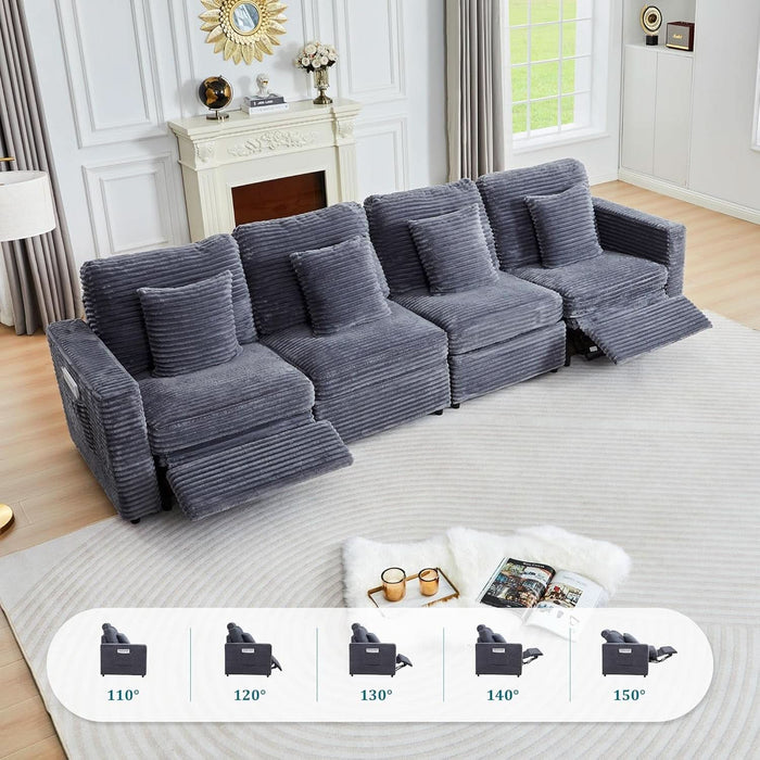 Oversized Modular Sectional Sofa with 2 Power Reclining, Electric Recliner Couch with Storage Console and Adjustable Headrest, Plush Corduroy Fluffy 5 Seat Corner Sofa for Living Room-Blue Grey