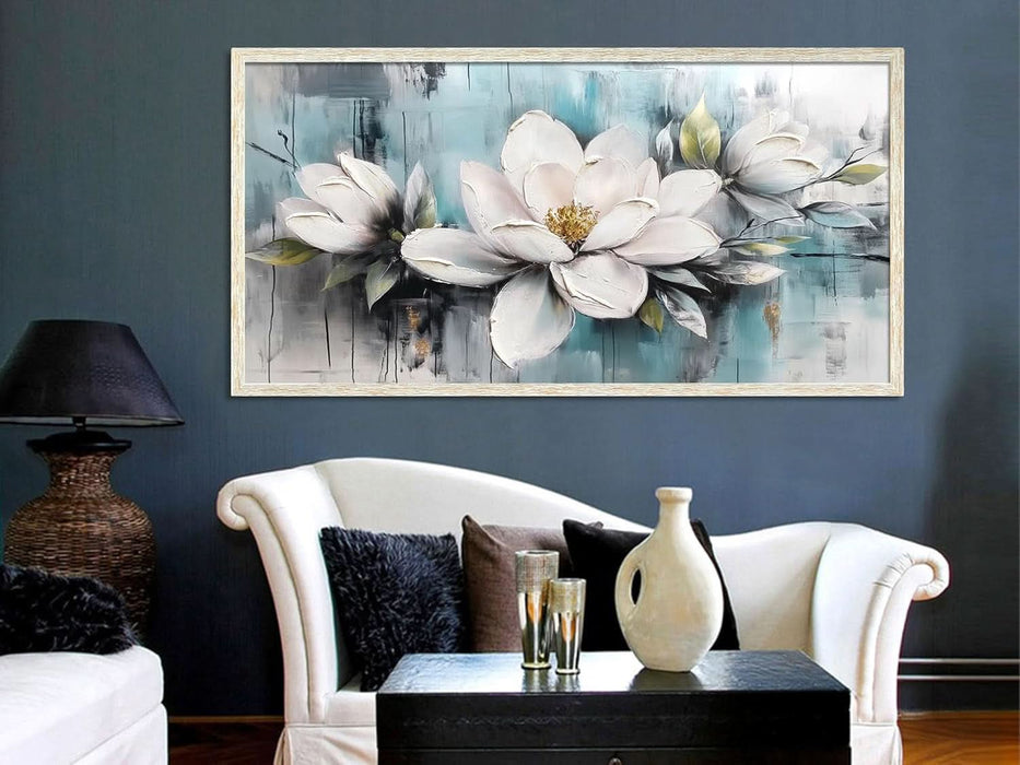 Magnolia Wall Art Framed Canvas Wall Decor Living Room, White Floral Picture Wall Decor Teal Painting Flower Textured Artwork for Bedroom Dining Room Home Office 40"X20"