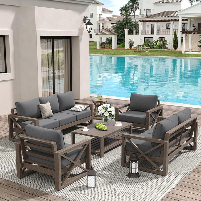 Aluminum Patio Furniture Set, 8 Pieces Modern Metal Outdoor Furniture, Faux Wood Grain Finish Frame Patio Sofa Sets with 6" Cushion for Backyard, Dark Grey (Included Waterproof Covers)