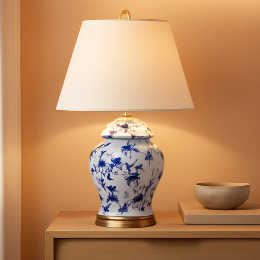 22" Blue/White Ceramic Table Lamp, French Country Chinoiserie Ginger Jar LED Bedside Lamp for Living Room Bedroom, White Linen Shade, JYL3005A