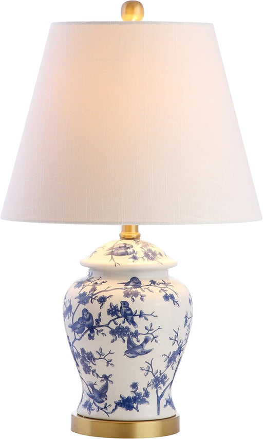 22" Blue/White Ceramic Table Lamp, French Country Chinoiserie Ginger Jar LED Bedside Lamp for Living Room Bedroom, White Linen Shade, JYL3005A
