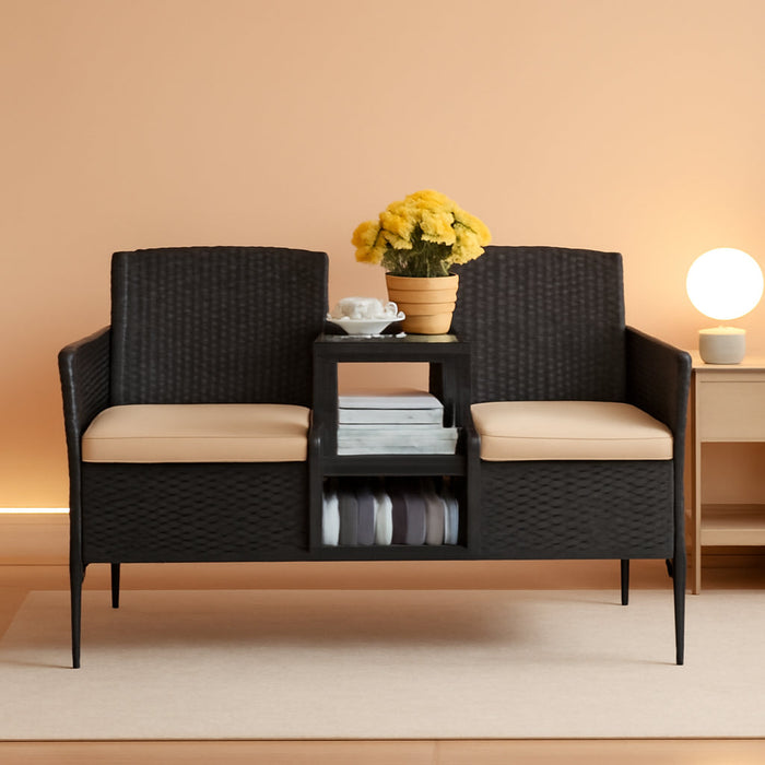 Outdoor Patio Loveseat Modern Rattan 2-Seat Patio Conversation Set with Cushions & Built-In Coffee Table Porch Furniture for Garden Lawn Backyard (Beige)