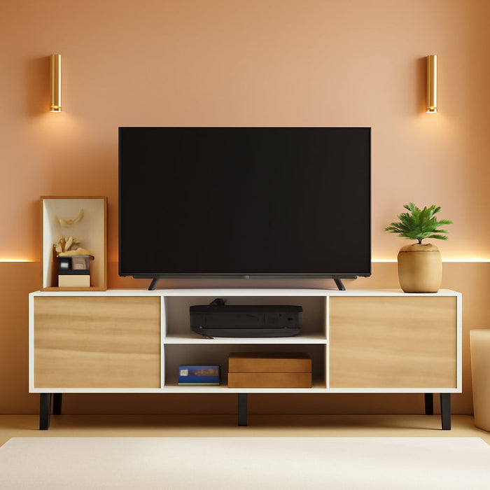 Modern TV Stand for 65" Television, Entertainment Center with Two Storage Cabinets and Open Shelves, Retro Style Media Console for Living Room, Bedroom, Office, 58 Inch, White and Beige