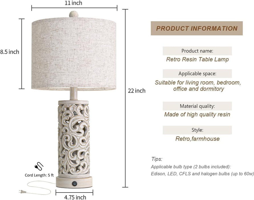 Bedside Table Lamps Set of 2 with USB & Night Light, 22'' Farmhouse Bedroom Lamps for Nightstand, Vintage Table Lamps for Bedroom Living Room Home Offce (Bulb Included)